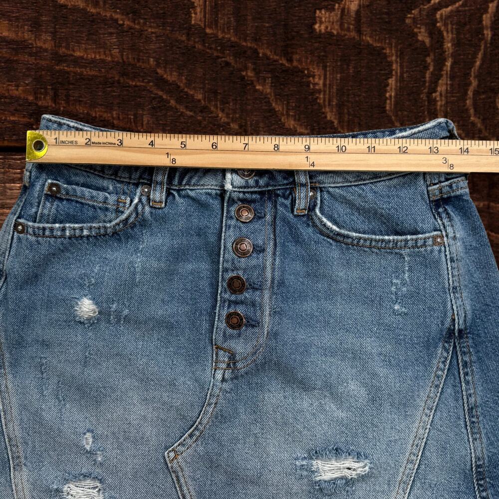 Free People We the Free Breezy Denim Distressed Button Fly Mini Skirt 27 - Picture 6 of 8